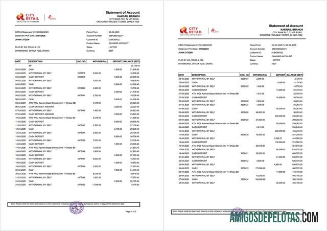 Extrato de conta realista do Bangladesh City Bank modelo Word e PDF, 2 páginas